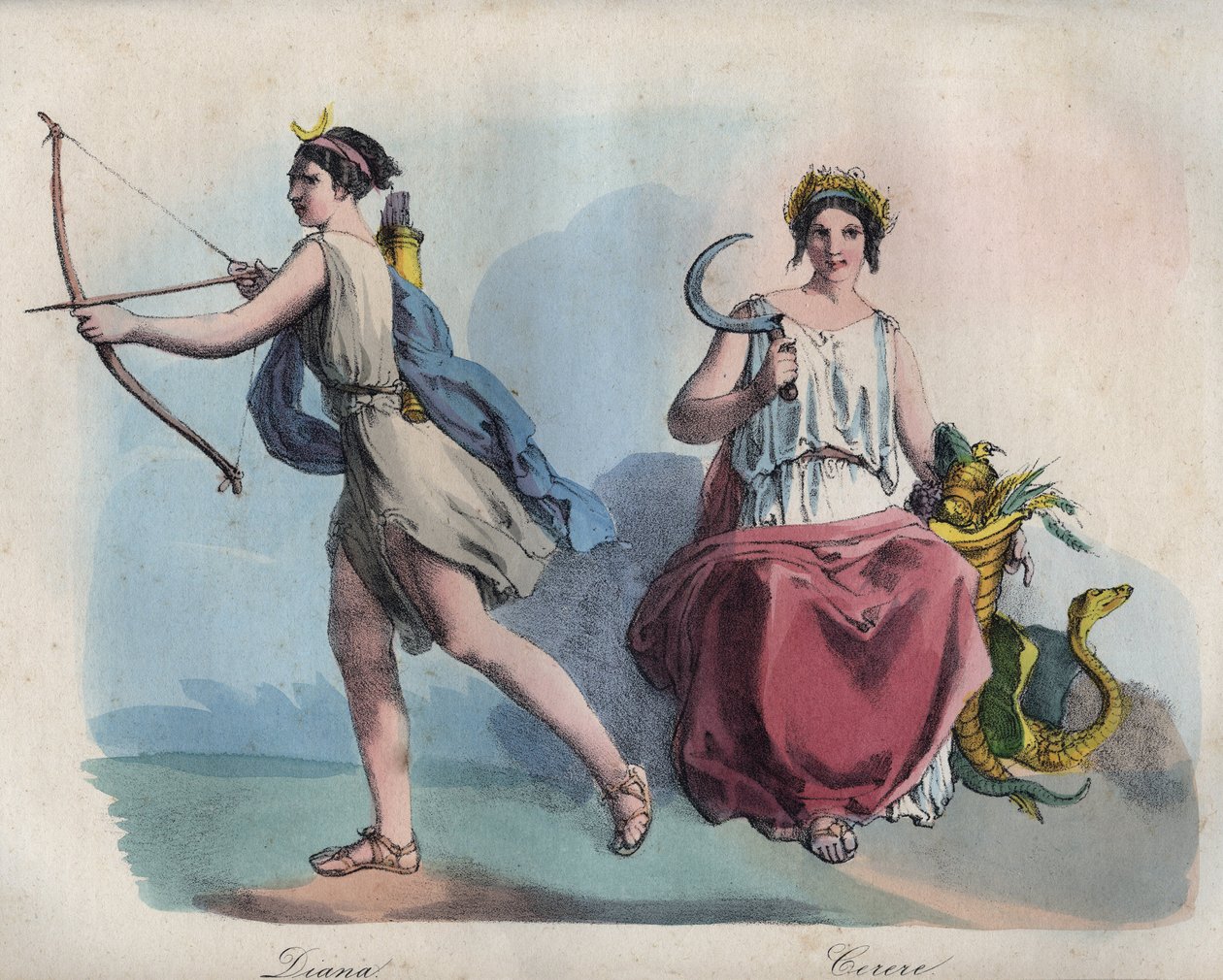 A római mitológia - Diana (Diane), a vadászat istennője és Ceres a mezőgazdaság istennője - metszet a „Szokások és szokások az Univerzum minden népének. Ez a kormányzás, a törvények, a milícia és minden nemzet vallásának története. alkotó: Unknown artist