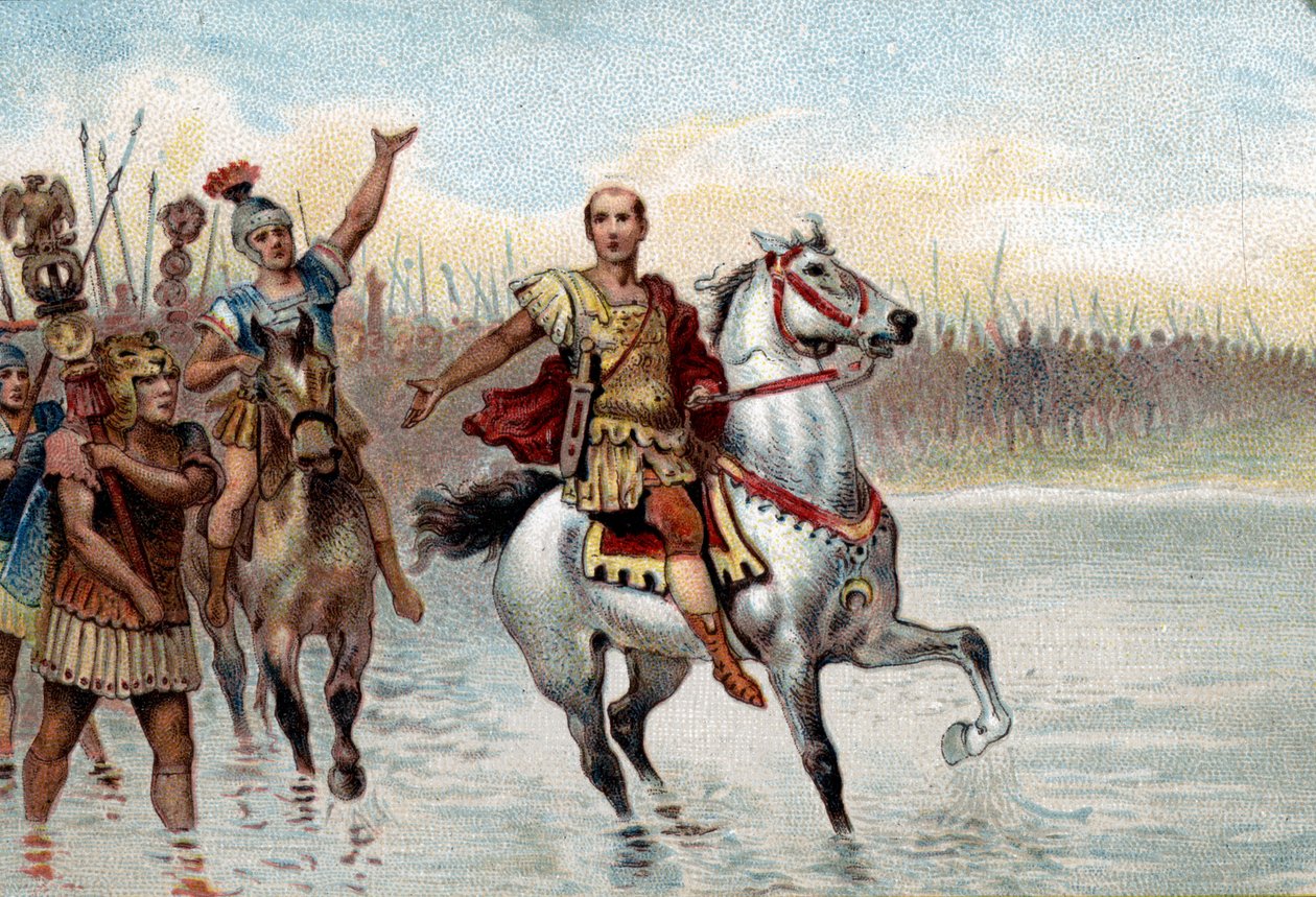 Római politikai rendszer: A konzul. Jules Cesar fegyveres légióival kelt át a Rubicon folyón ie 49. január 10-én Nagy Pompeus (Gneo Pompeo Magno vagy Gnaeus Pompeius Magnus) nyomában. alkotó: Unknown artist