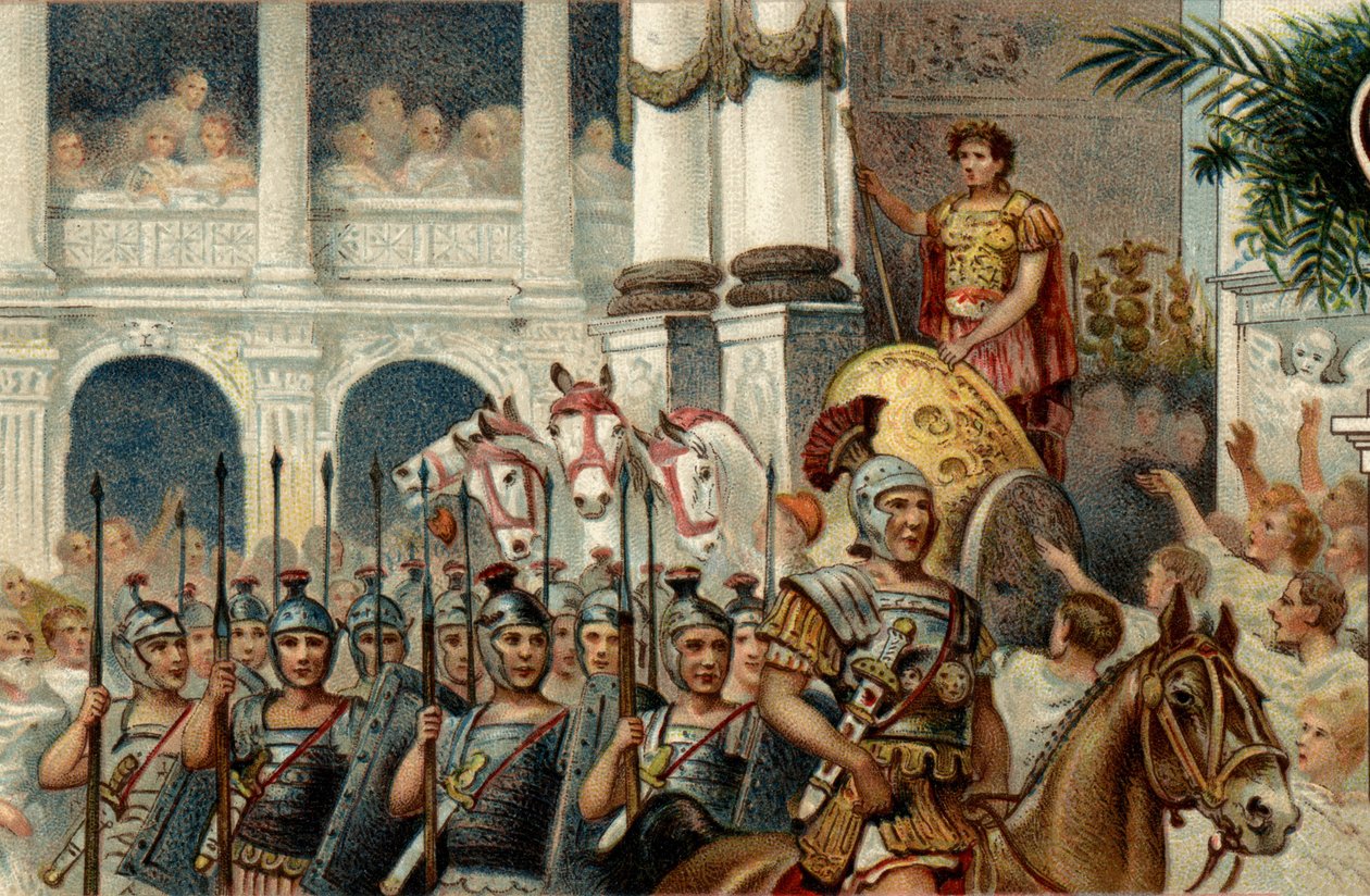 Római politikai rendszer. A császár: Defile Augustus (Octavianus vagy Octavianus) római császár Actiumban, Pannóniában és Egyiptomban aratott győzelmei tiszteletére. A 19. század végének kromolitográfiája. alkotó: Unknown artist