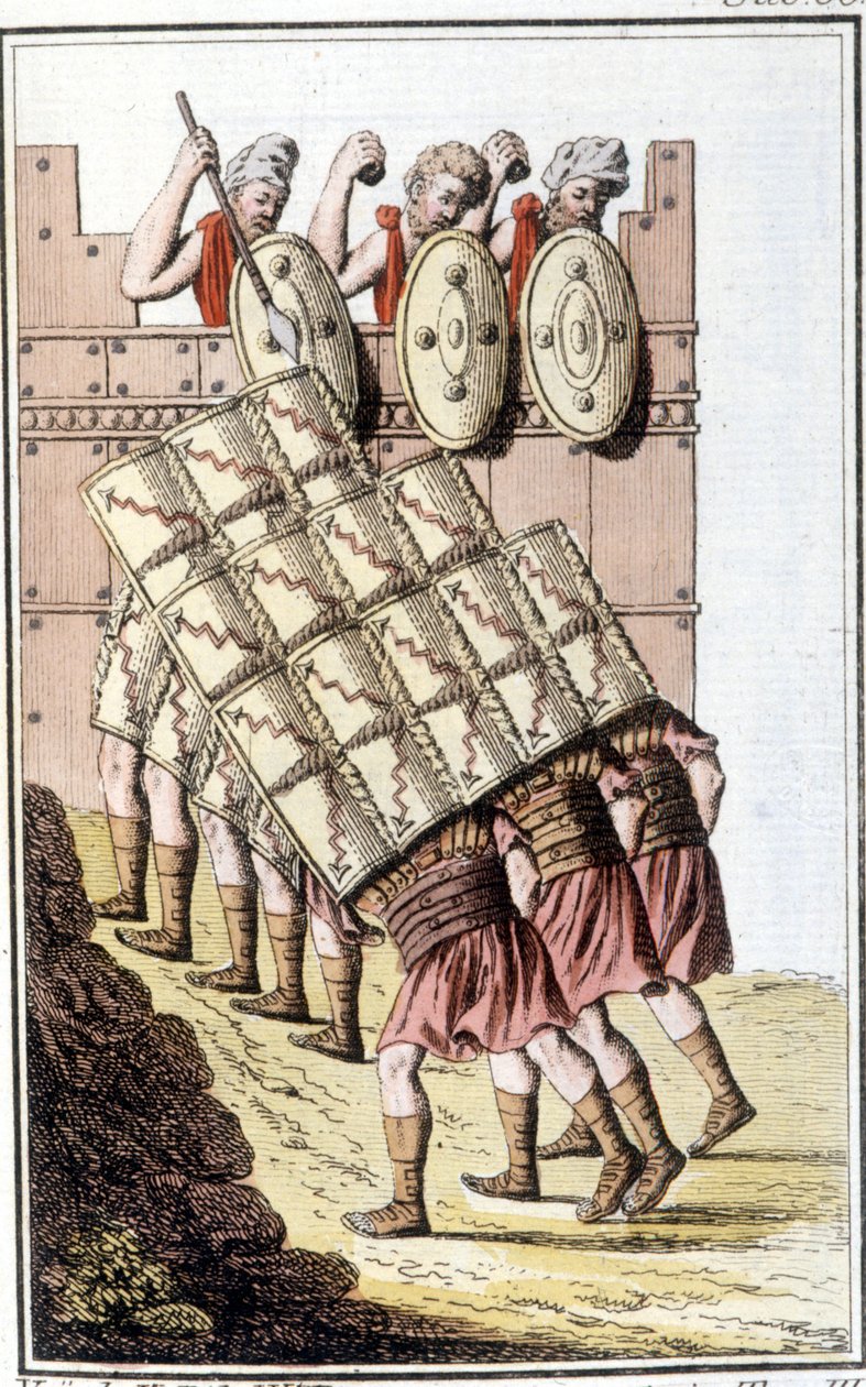 Római katonák (római légió) manővereznek és pajzsaikkal védekeznek. század elejéről származó metszet alkotó: Unknown artist