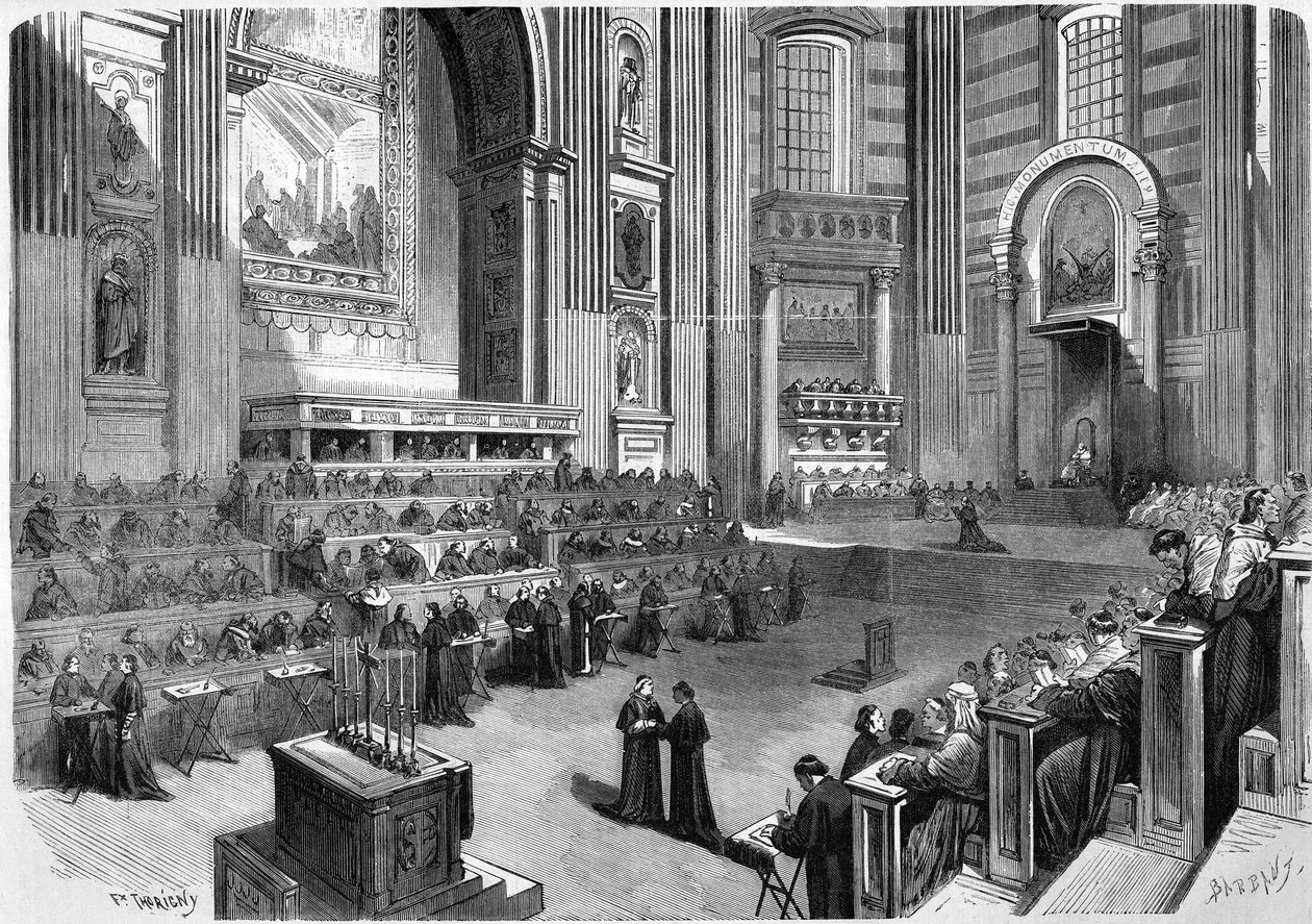 Róma 1869, az 1869. évi Ökumenikus Tanács első ülése december 9-én a Szent Péter-templom kereszthajójának jobb oldalán. alkotó: Unknown artist
