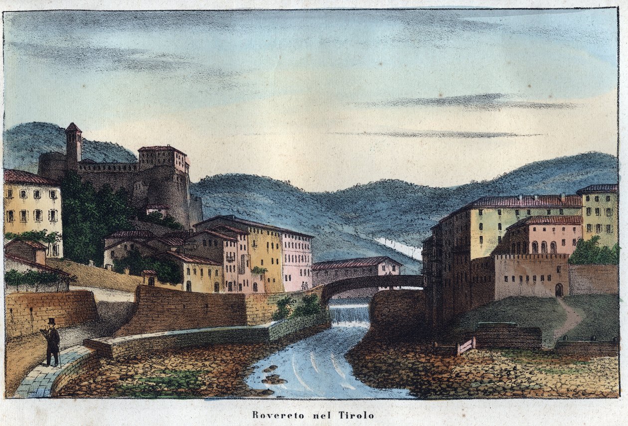 Rovereto városa Trentinoban, Észak-Olaszországban - 19. század - metszet a „Szokások és hagyományok az Univerzum minden népének” könyvéből. Ez a kormányzás, a törvények, a milícia és minden nemzet vallásának története a legtávolabbi időktől egészen az n. alkotó: Unknown artist