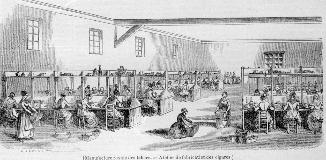 Royal Tobacco Gyártás: szivargyártó műhely. 19. századi metszet. alkotó: Unknown artist