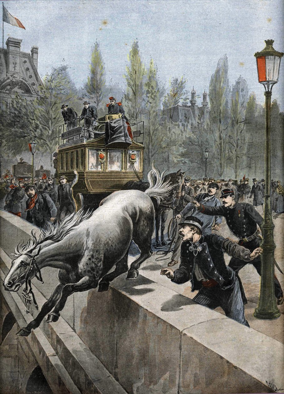 Királyi híd Párizsban 1898-ban: egy ló öngyilkos lett (nyomtatás) alkotó: Unknown Artist