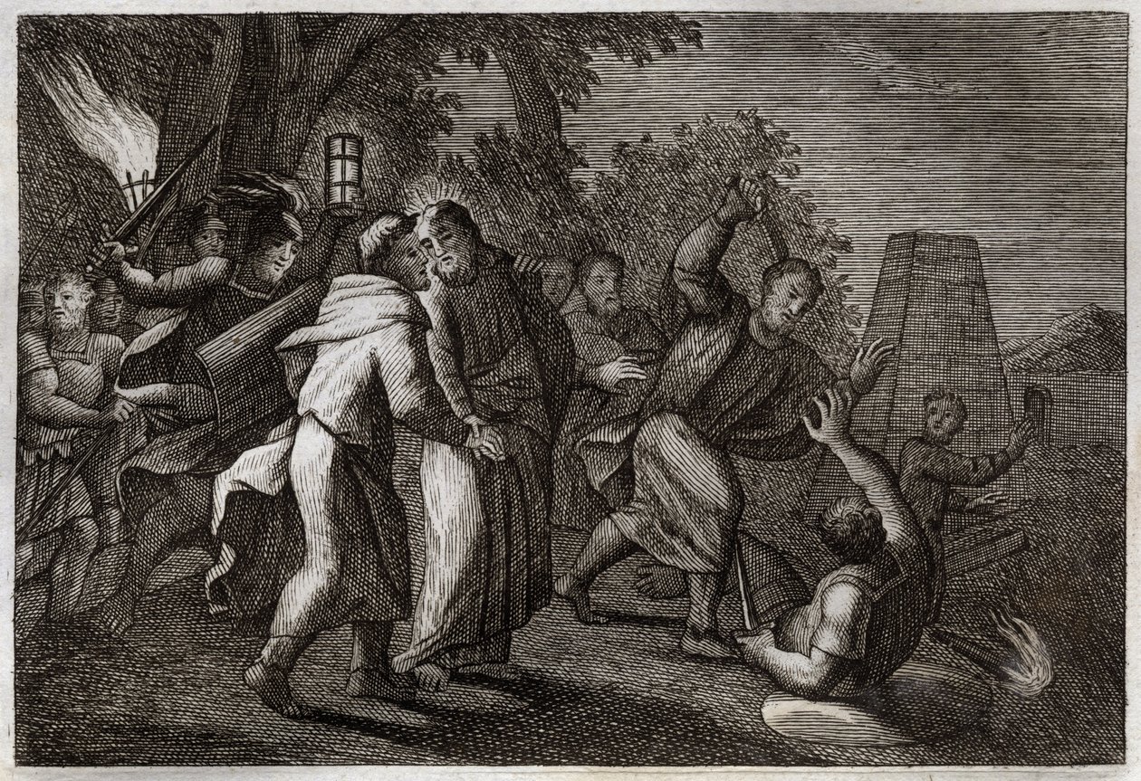 Royaumont Biblia, Újszövetség: Jézus Krisztus letartóztatása vagy Júdás csókja. A katonák azért jönnek, hogy letartóztassák Krisztust az Olajfák kertjébe. Szent Péter levágja egyikük fülét. Illusztráció 1811-ből. alkotó: Unknown artist