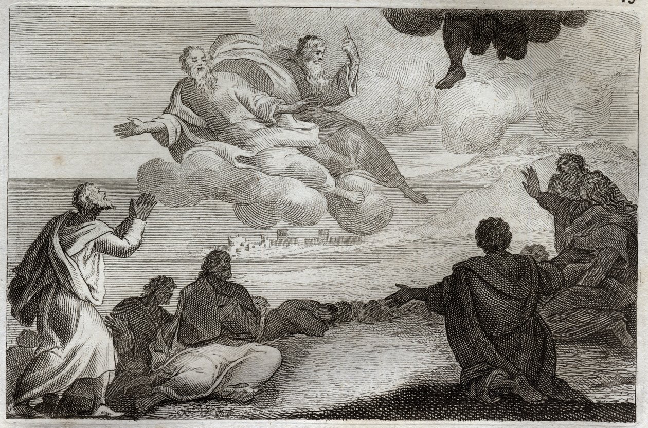 Royaumont Biblia, Újszövetség: Jézus Krisztus mennybemenetele. Krisztust elveszik a mennyből, és megáldják az apotereket, mielőtt eltűnnek a felhőben. Illusztráció 1811-ből. alkotó: Unknown artist
