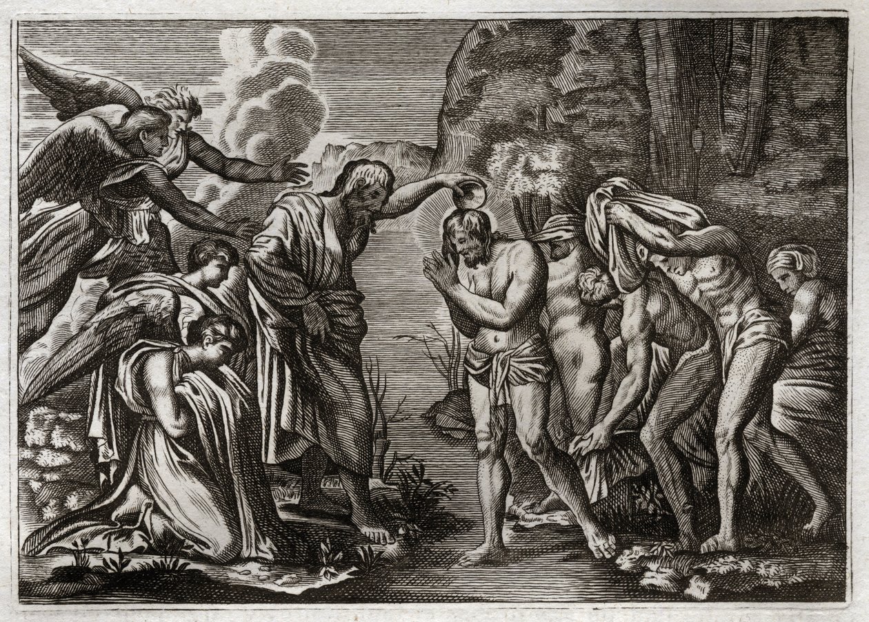 Royaumont Biblia, Újszövetség: Jézus Krisztus keresztelése. Keresztelő Szent János megkereszteli Jézus Krisztust a Jordán folyó vizében. Illusztráció 1811-ből. alkotó: Unknown artist