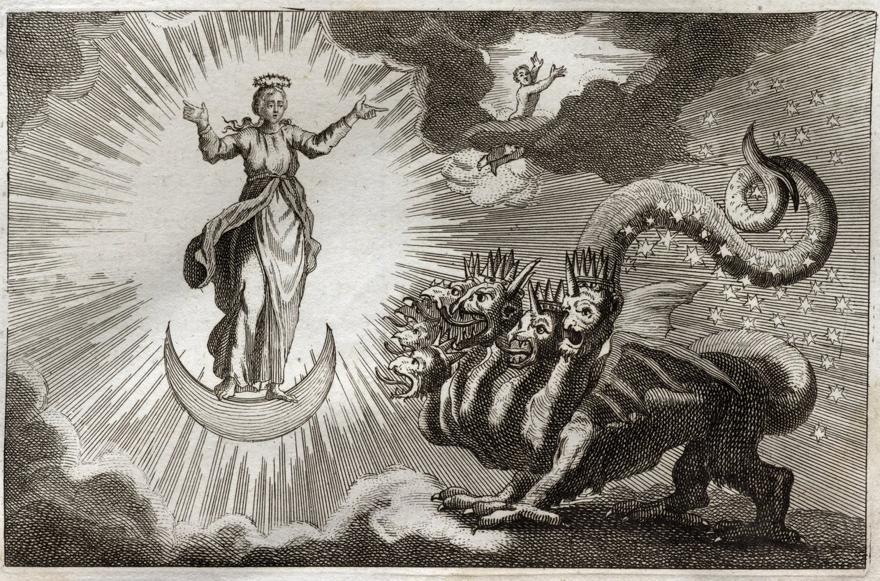 Royaumont Biblia, Újszövetség: Jelenések könyve. Szent János lát egy hétfejű, tíz szarvú szörnyeteg fenevadat és egy fénytől körülvett terhes nőt, akinek a lába alatt a hold, fején pedig tizenkét csillagból álló korona. Illusztráció 1811-ből. alkotó: Unknown artist