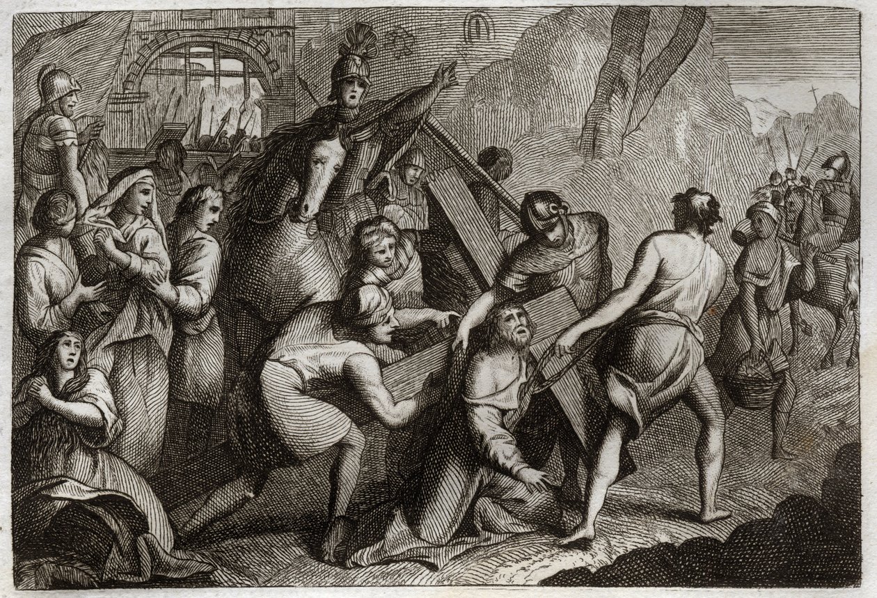 Royaumont Biblia, Újszövetség: A kereszt hordozása (Kereszt útja). Jézus Krisztus viszi keresztjét a Kálvária hegyére, a cirenei Simon (a cirenei) segítségével. Illusztráció 1811-ből. alkotó: Unknown artist