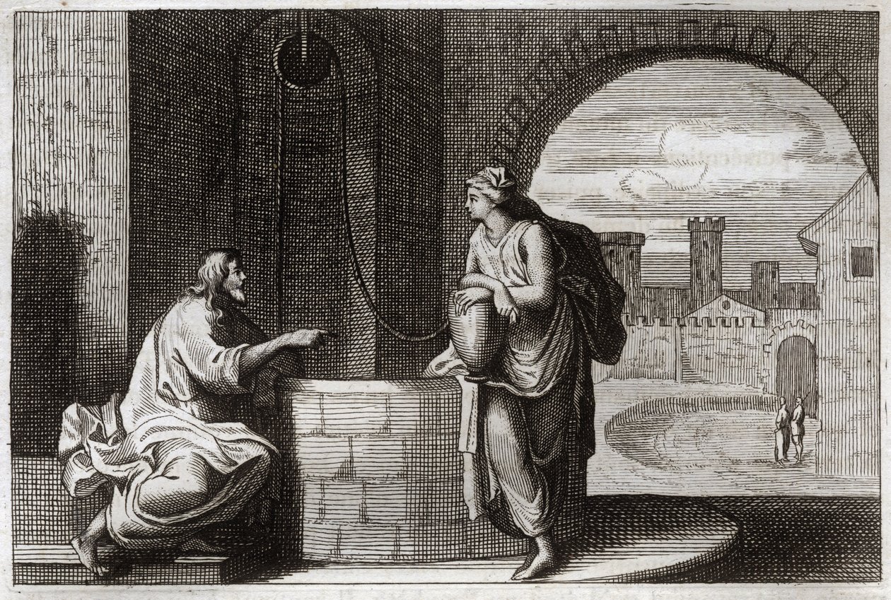 Royaumont Biblia, Újszövetség: Krisztus és szamaritánus a kútnál. Jézus Krisztus megtérít egy szamaritánus asszonyt. Illusztráció 1811-ből. alkotó: Unknown artist