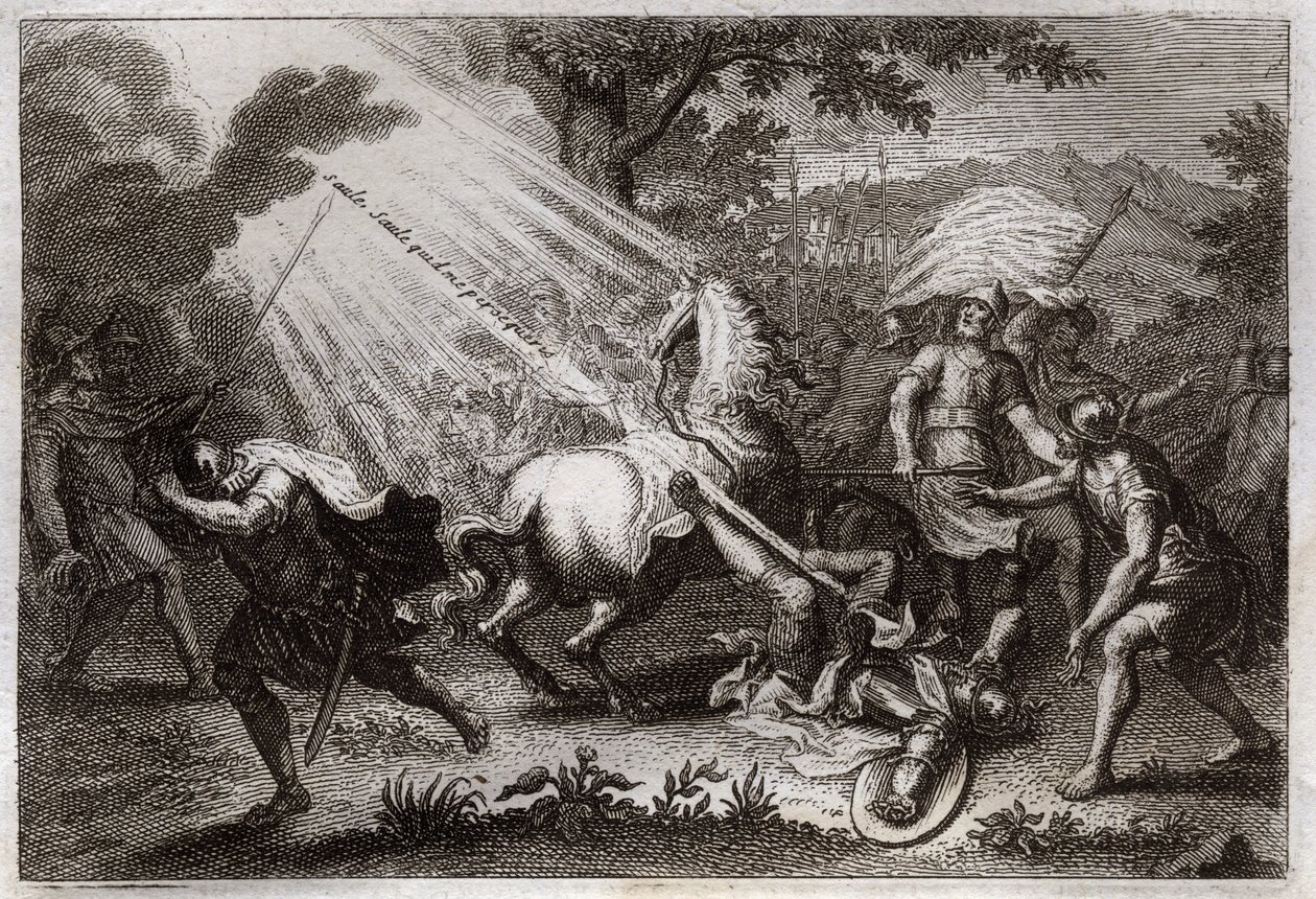 Royaumont Biblia, Újszövetség: Szent Pál megtérése Damaszkusz felé. Hallja Jézus Krisztus hangját, aki azt mondja neki: „Fűzfa, fűzfa, aki üldöz engem” (Saul, Saul, miért üldözöl engem?), és egy ló elesik. Illusztráció 1811-ből. alkotó: Unknown artist