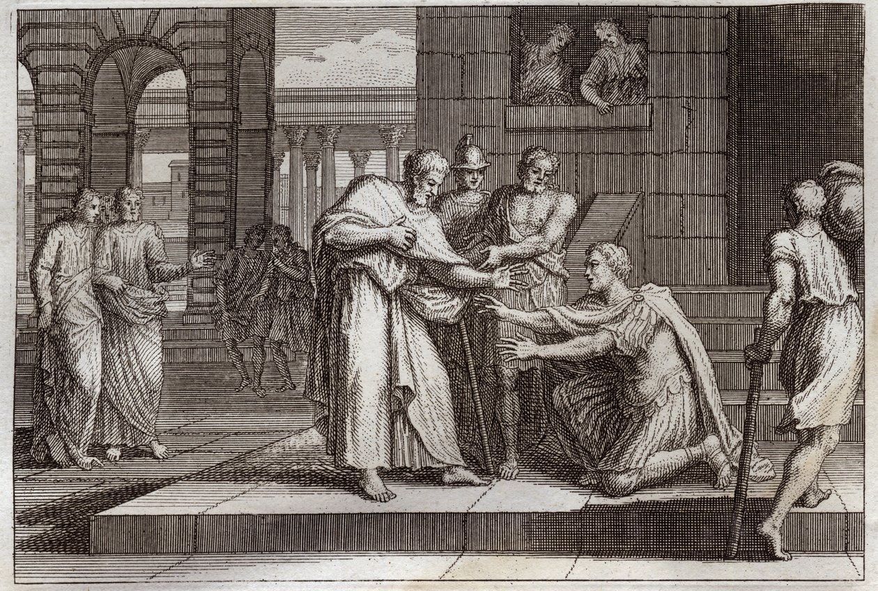 Royaumont Biblia, Újszövetség: Cornelius keresztel. Varjú a százados elfogadja Jézus Krisztus hitét, és Szent Péter megkeresztelkedik. Illusztráció 1811-ből. alkotó: Unknown artist