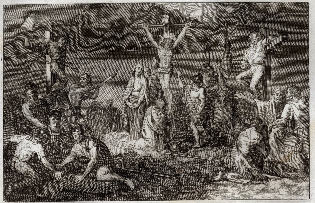 Royaumont Biblia, Újszövetség: Jézus Krisztus keresztre feszítése. Szűz Mária, Szent Mária Magdolna és Szent János a kereszt lábánál, Százados Szent Longin (Szent Longinus) lándzsájával, Krisztus tunikáját játszó katonák. Az oldalakon repr alkotó: Unknown artist