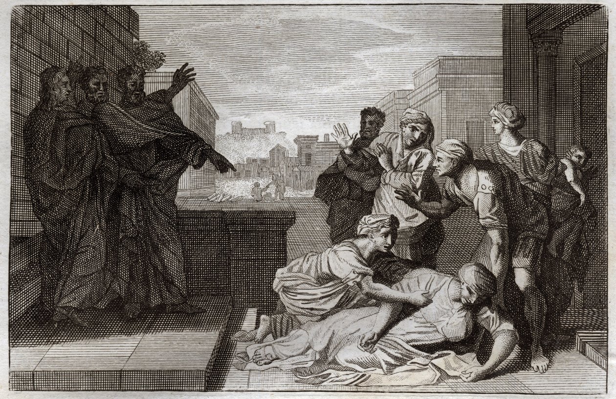 Royaumont Biblia, Újszövetség: Anania és felesége, Saphire halála Szent Péter és Szent János előtt. Illusztráció 1811-ből. alkotó: Unknown artist