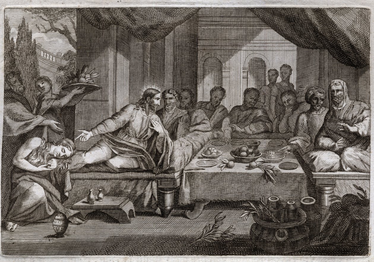 Royaumont Biblia, Újszövetség: Vacsora Simon farizeusnál. Mária Magdolna elment Jézus Krisztus lábaihoz sírni Simon farizeushoz, és elnyerte bűneinek bocsánatát. Kenőccsel megkeni Krisztus lábát, és megtörli a hajával. Il alkotó: Unknown artist
