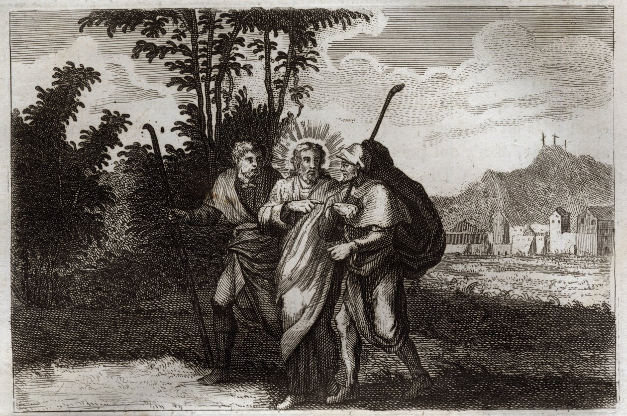 Royaumont Biblia, Újszövetség: Emmauszi tanítványok. A két emmausi tanítvány) találkozik a feltámadott Krisztussal. Illusztráció 1811-ből. alkotó: Unknown artist