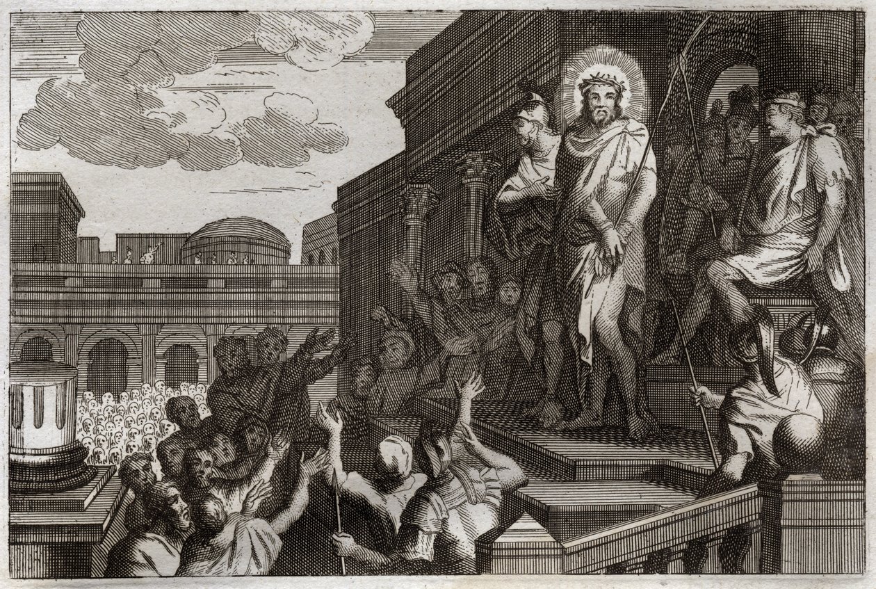 Royaumont Biblia, Újszövetség: Ecce homo. Poncius Pilátus (Pontius Pilatus) tövisekkel ajándékozza meg Jézus Krisztust a tömegnek, mondván: „Itt az ember”. Illusztráció 1811-ből. alkotó: Unknown artist