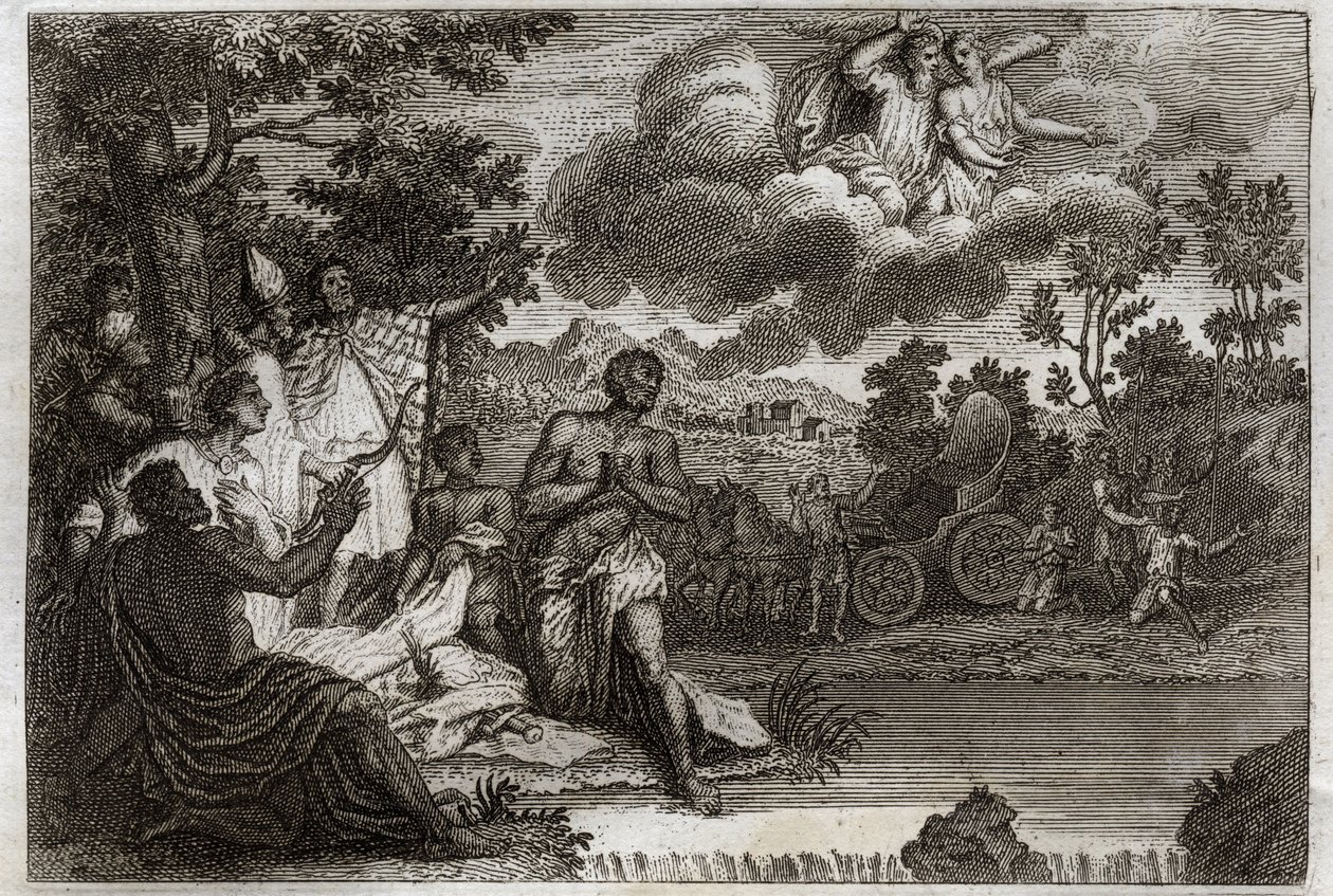 Royaumont Biblia, Újszövetség: Eunuch keresztel. Szent Fülöp diakónus hitet hirdet Etiópia királynőjének eunuchjának, és megkereszteli. Illusztráció 1811-ből. alkotó: Unknown artist