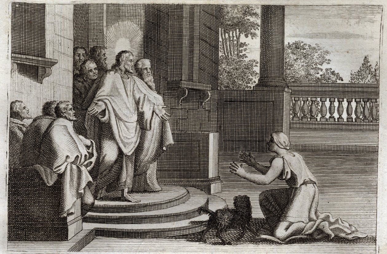 Royaumont Biblia, Újszövetség: Jézus Krisztus és Kánaán felesége (Kánán vagy az idegen nő). Egy paraszt az Úr segítségét kéri, hogy meggyógyítsa lányát. Krisztus így válaszolt neki: „Csak Izrael házának elveszett bárányaihoz küldtem.” Illusztráció innen alkotó: Unknown artist