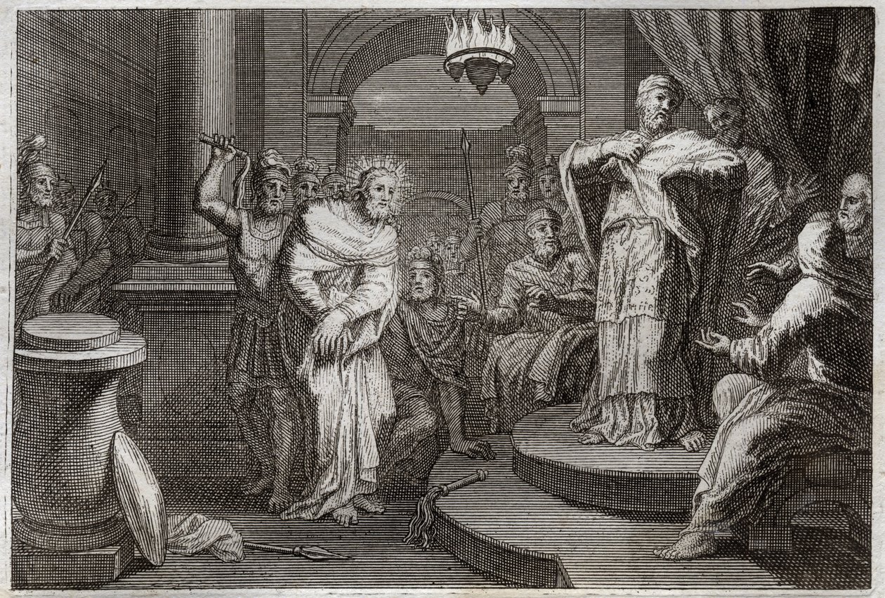 Royaumont Biblia, Újszövetség: Jézus Krisztus Caiphus és Anan előtt (Hanan vagy Anne vagy Hanne). Illusztráció 1811-ből. alkotó: Unknown artist