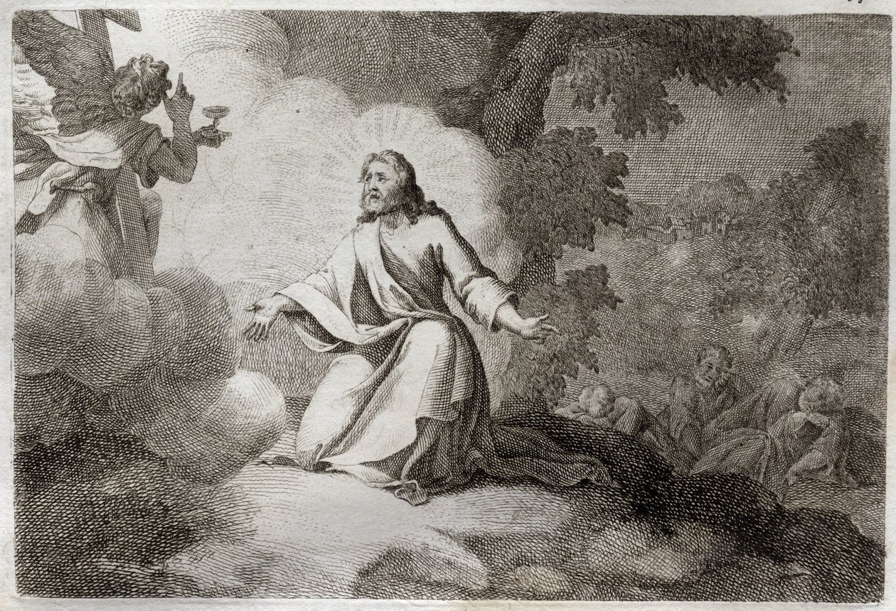 Royaumont Biblia, Újszövetség: Jézus Krisztus a kertben (ima az Olajfák hegyén). Egy angyal jelenik meg Jézusnak, aki kelyhét tart. Szent Péter, Szent János és Szent Jakab apoterei alszanak. Illusztráció 1811-ből. alkotó: Unknown artist