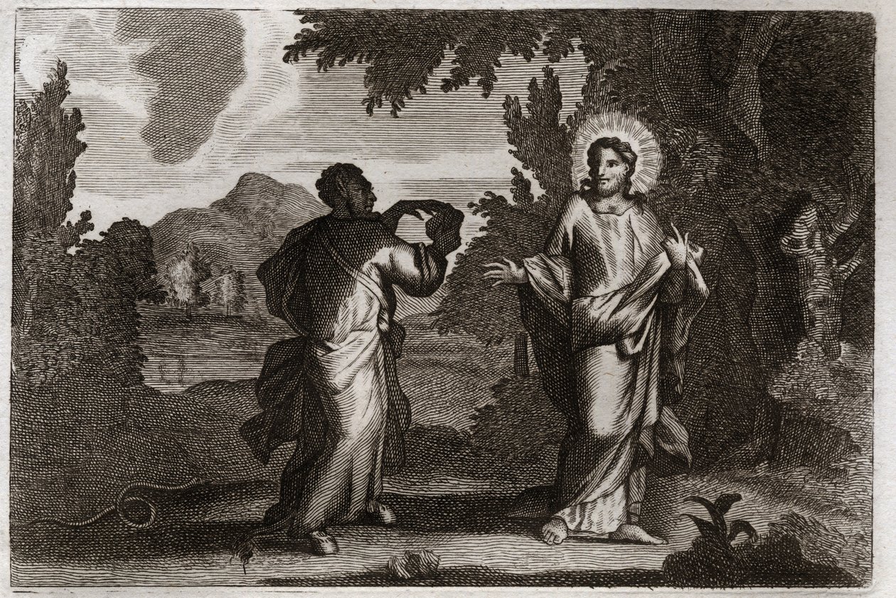 Royaumont Biblia, Újszövetség: Jézus Krisztus a sivatagban. Jézust a sivatagba kergetik. Fiatal negyven nap és negyven éjszaka. Megkísérti a démon, aki felkéri, hogy változtassa a köveket kenyérré. Illusztráció 1811-ből. alkotó: Unknown artist