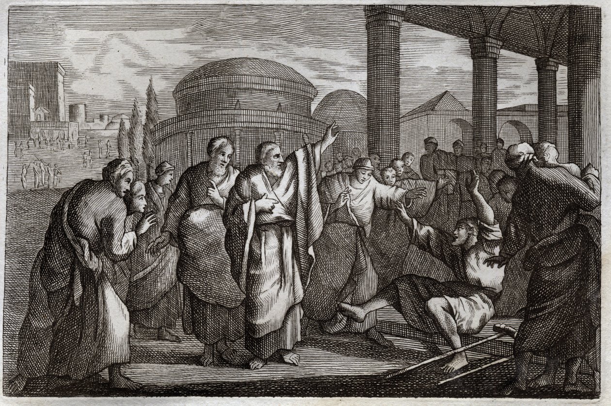Royaumont Biblia, Újszövetség: Lame gueri. Szent Pál egy sánta harcos, és letartóztat egy népet, amely istenként akart áldozni neki. Illusztráció 1811-ből. alkotó: Unknown artist