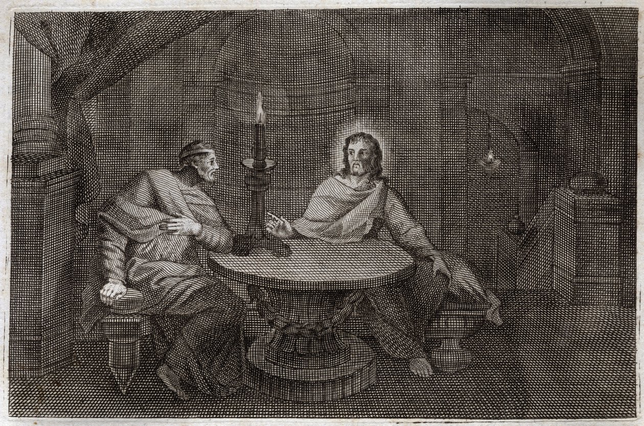 Royaumont Biblia, Újszövetség: Nikodéma éjszaka jön, hogy megkeresse Jézus Krisztust. Illusztráció 1811-ből. alkotó: Unknown artist