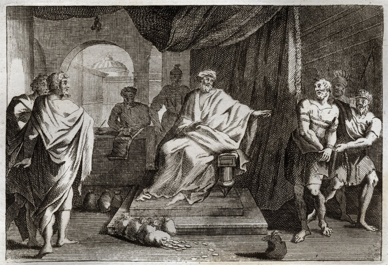 Royaumont Biblia, Újszövetség: Példabeszéd a tehetségekről. Egy úr megbünteti egyik szolgáját, aki elrejtette a pénzt, amit adott neki. Illusztráció 1811-ből. alkotó: Unknown artist
