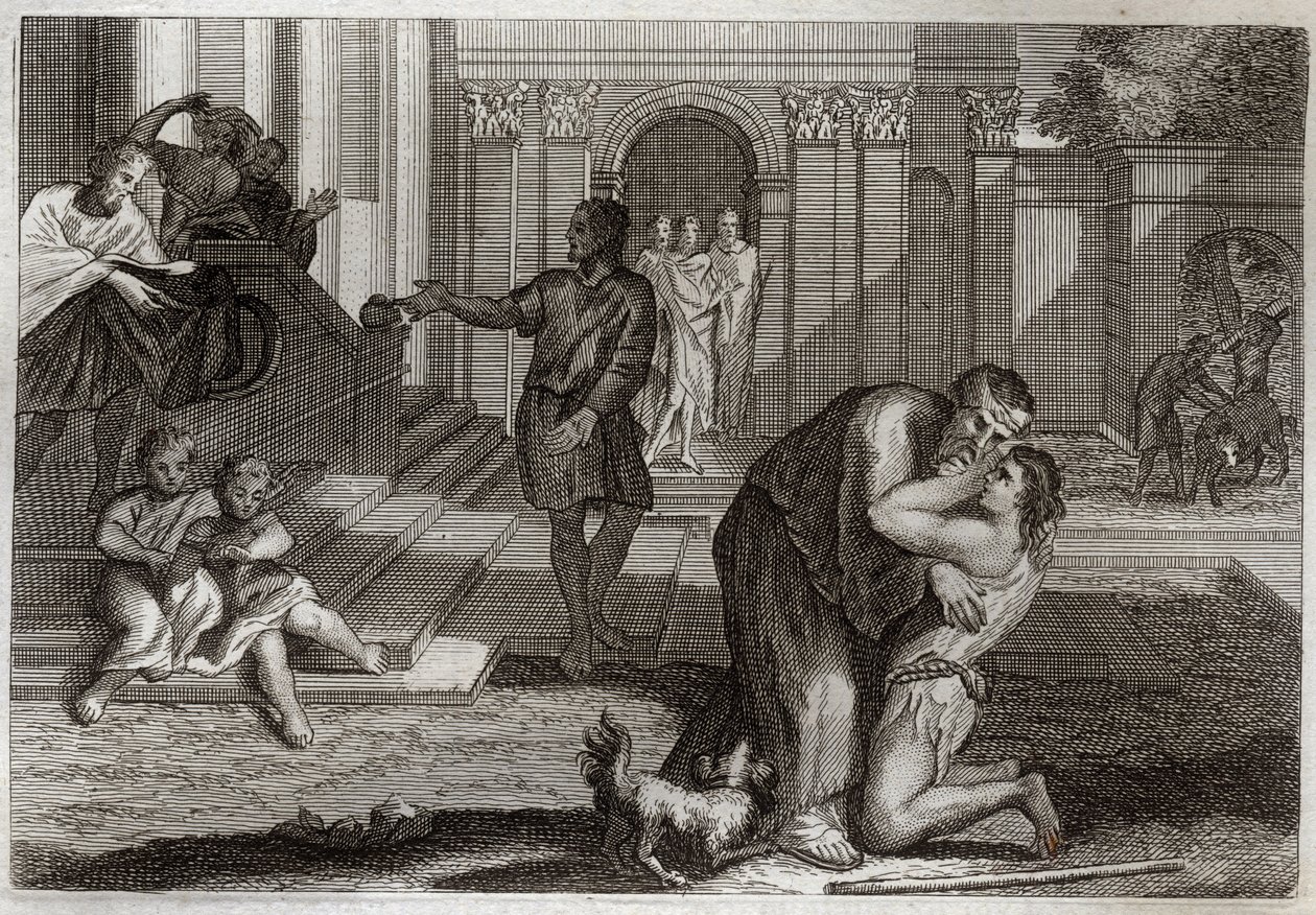 Royaumont Biblia, Újszövetség: Példabeszéd a tékozló gyermekről. A fiú hazatér, miután elment, és minden vagyonát elvesztette. Eljön, hogy bocsánatot kérjen az apjától. Illusztráció 1811-ből. alkotó: Unknown artist