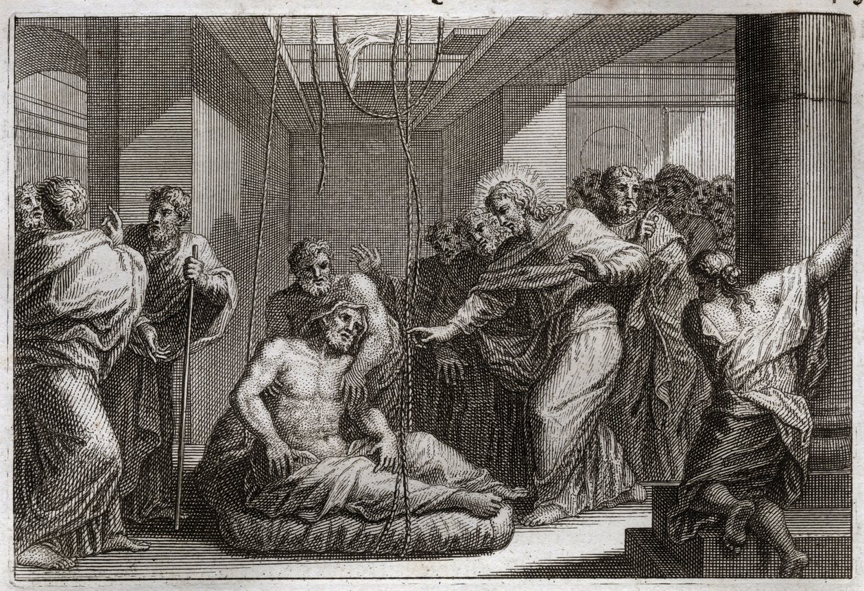 Royaumont Biblia, Újszövetség: Bénító. Jézus Krisztus Szent Máténak hívta, és meggyógyított egy bénát a Kafarnaeumban. Illusztráció 1811-ből. alkotó: Unknown artist
