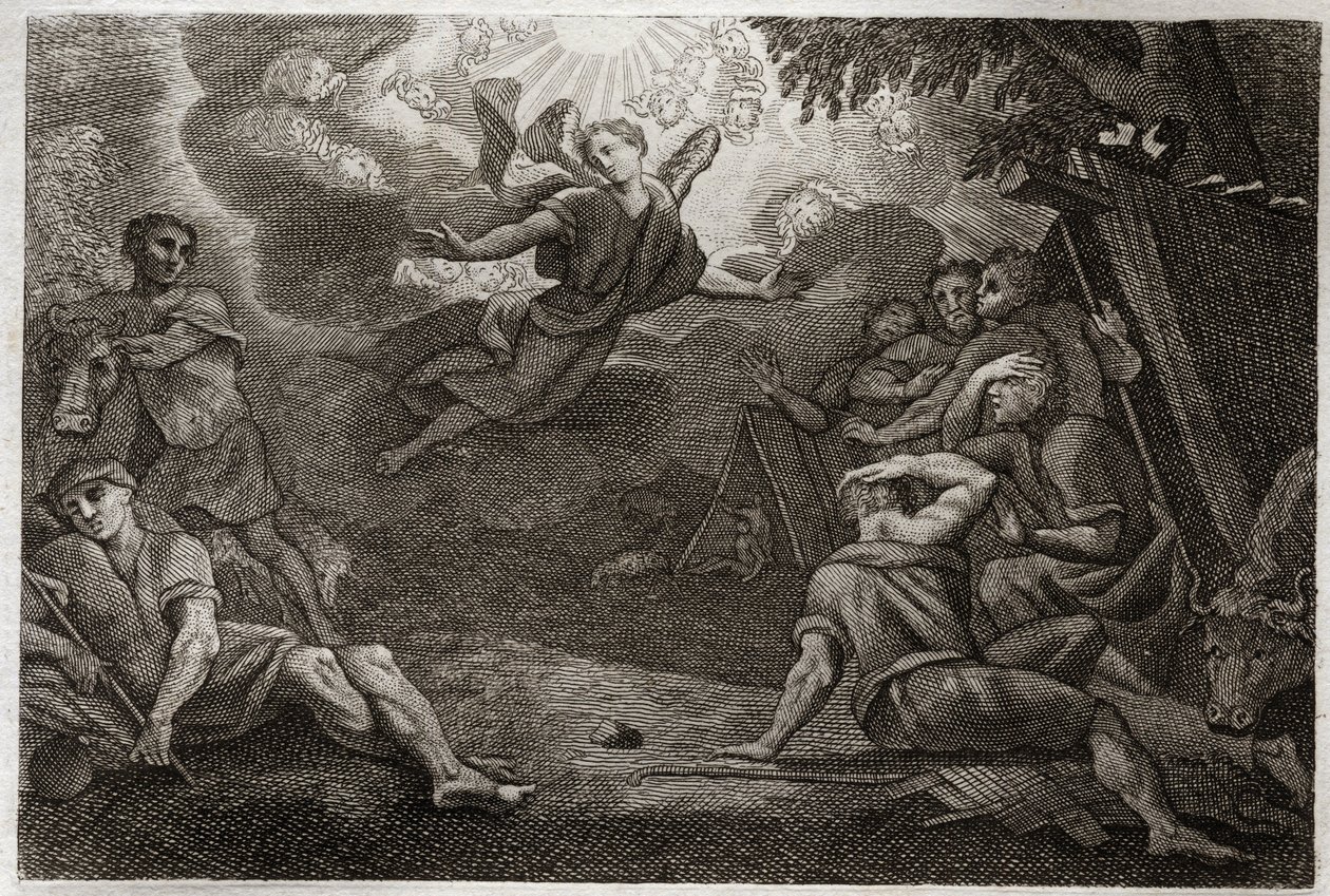 Royaumont Biblia, Újszövetség: Pásztorok a bölcsődében. Egy angyal hirdeti Jézus Krisztus születését a pásztoroknak (Angyali üdvözlet a pásztoroknak). Illusztráció 1811-ből. alkotó: Unknown artist