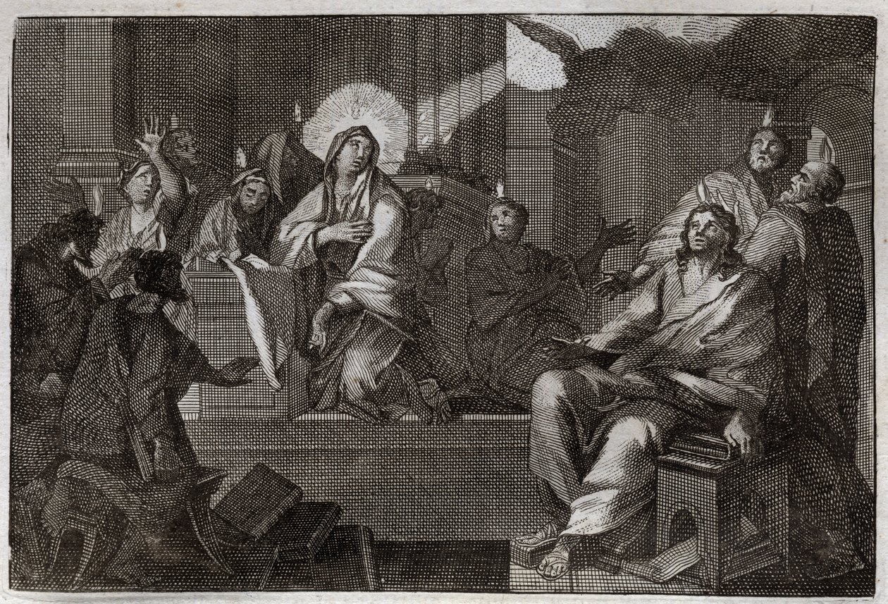 Royaumont Biblia, Újszövetség: Pünkösd. A Szentlélek leszáll Szűz Máriára és az Apoterekre. Illusztráció 1811-ből. alkotó: Unknown artist