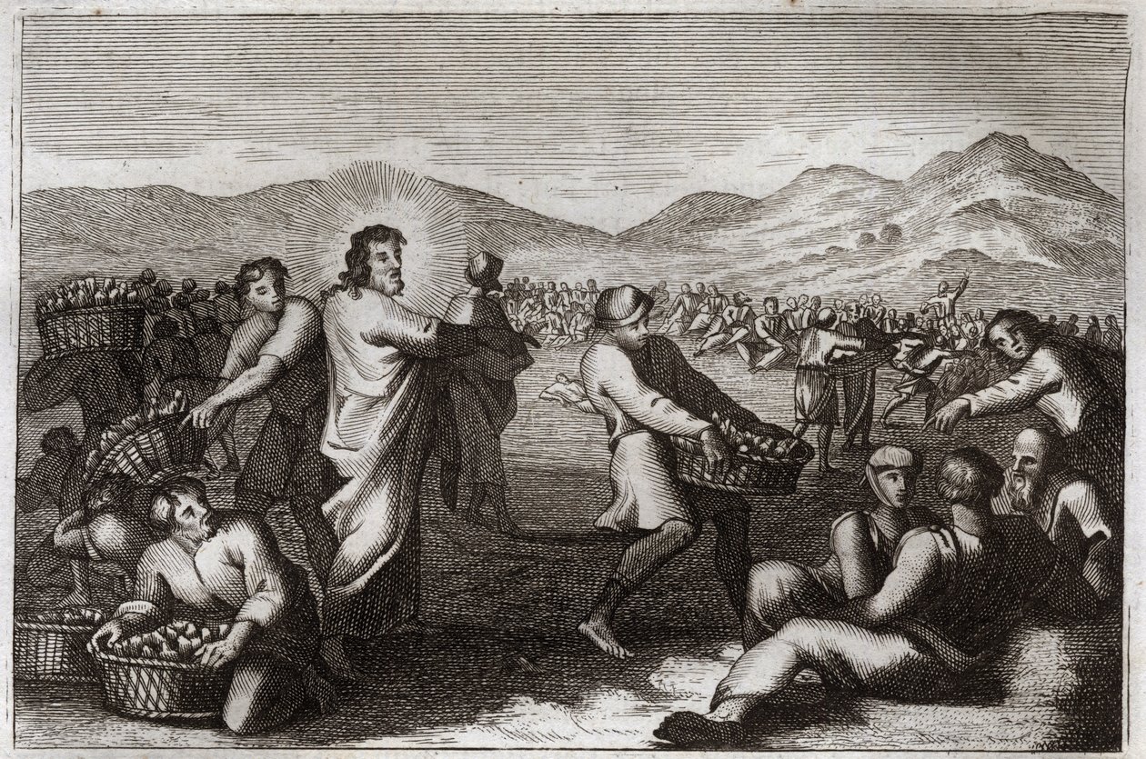 Royaumont Biblia, Újszövetség: A kenyerek szaporítása. Jézus Krisztus öt kenyeret szaporít, és ötezer embert táplál. Illusztráció 1811-ből. alkotó: Unknown artist