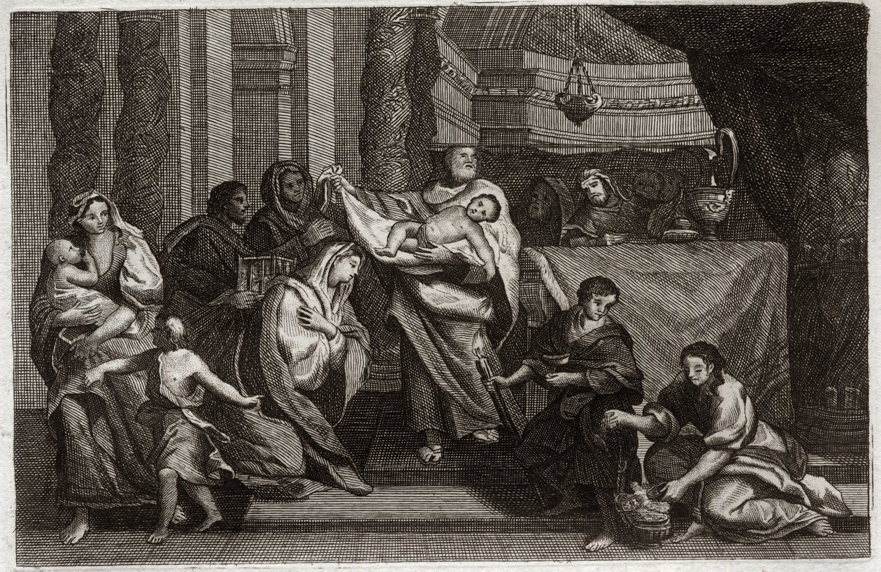 Royaumont Biblia, Újszövetség: A Szűz megtisztulása vagy bemutatása a templomban. A Szent Család felajánlja Jézus Krisztust a Templomnak, és odaadja Simeonnak (vagy Simeonnak vagy Simonnak). Egy nő két galambot tart egy kosárban. Illusztráció 1811-ből. alkotó: Unknown artist