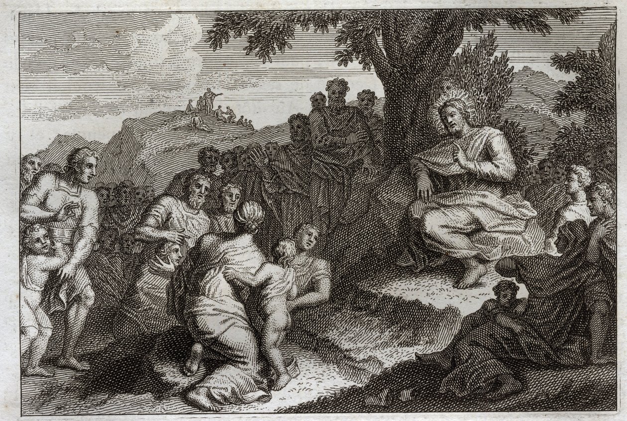 Royaumont Biblia, Újszövetség: Beszéd a hegyen. Jézus Krisztus tizenkét apotert választ tanítványai közül, és előttük és egy nagy nép előtt elmondja a beszédet, amelyet általában Hegyi beszédnek neveznek. Illusztráció 1811-ből. alkotó: Unknown artist