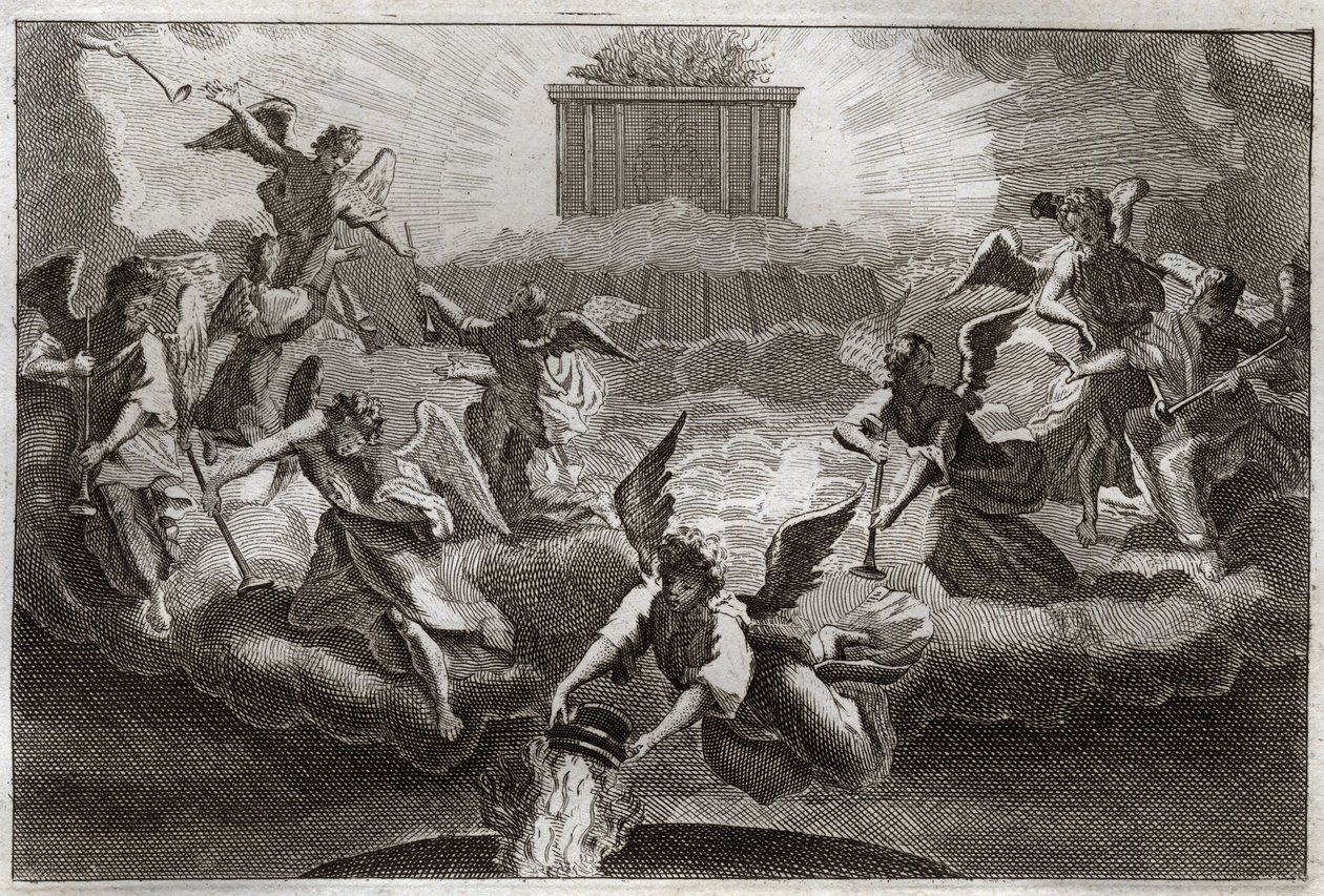 Royaumont Biblia, Újszövetség: Hét angyal megszólaltatja a Jelenések könyve trombitáját, miután a Bárány felnyitotta a könyv hetedik pecsétjét. Egy másik angyal fog egy tömjénezőt, megtölti az oltár tüzével, és a földre dobja. Illusztráció innen alkotó: Unknown artist