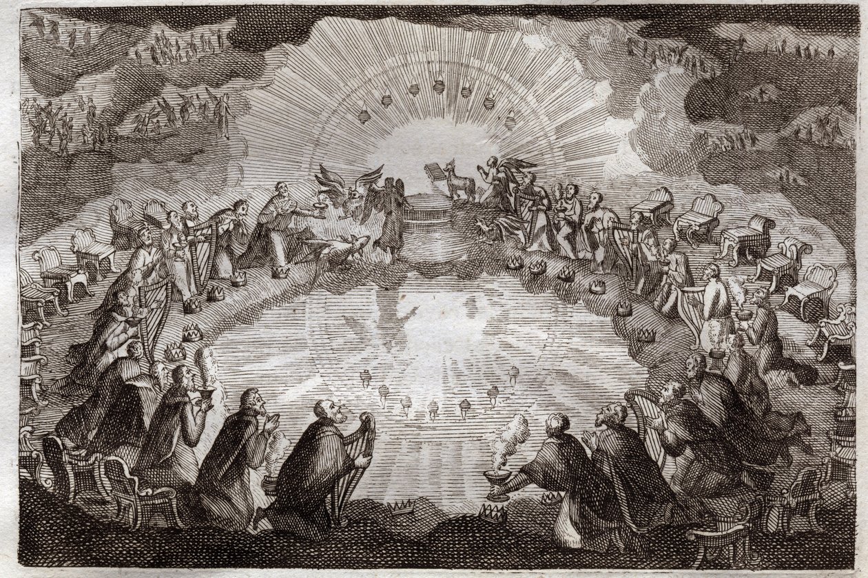 Royaumont Biblia, Újszövetség: A Bárány által felnyitott könyv hét pecsétje. A huszonnégy vén leborul a trón előtt, körülötte egy oroszlán, egy ökör, egy ember és egy sas (tetramorf) és hét lámpa. Illusztráció 1811-ből. alkotó: Unknown artist