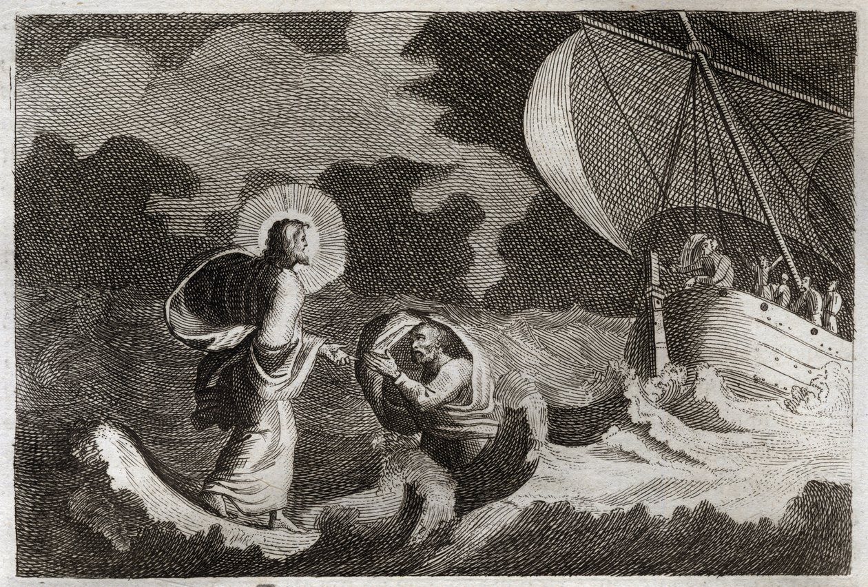 Royaumont Biblia, Újszövetség: Szent Péter a vízen jár. Jézus Krisztus a tengeren jár, és arra készteti Szent Pétert. Illusztráció 1811-ből. alkotó: Unknown artist