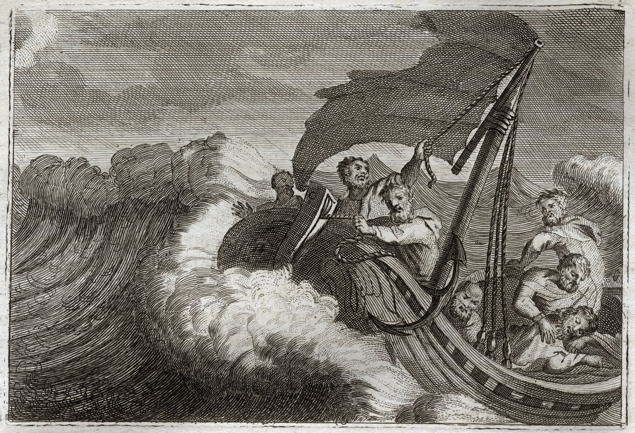 Royaumont Biblia, Újszövetség: Tempete megnyugodott. Az Apoters meglepi egy viharban felébresztett Jézus Krisztust, aki a hajójukban aludt, és a Galileai-tengert is lecsillapítja. Illusztráció 1811-ből. alkotó: Unknown artist