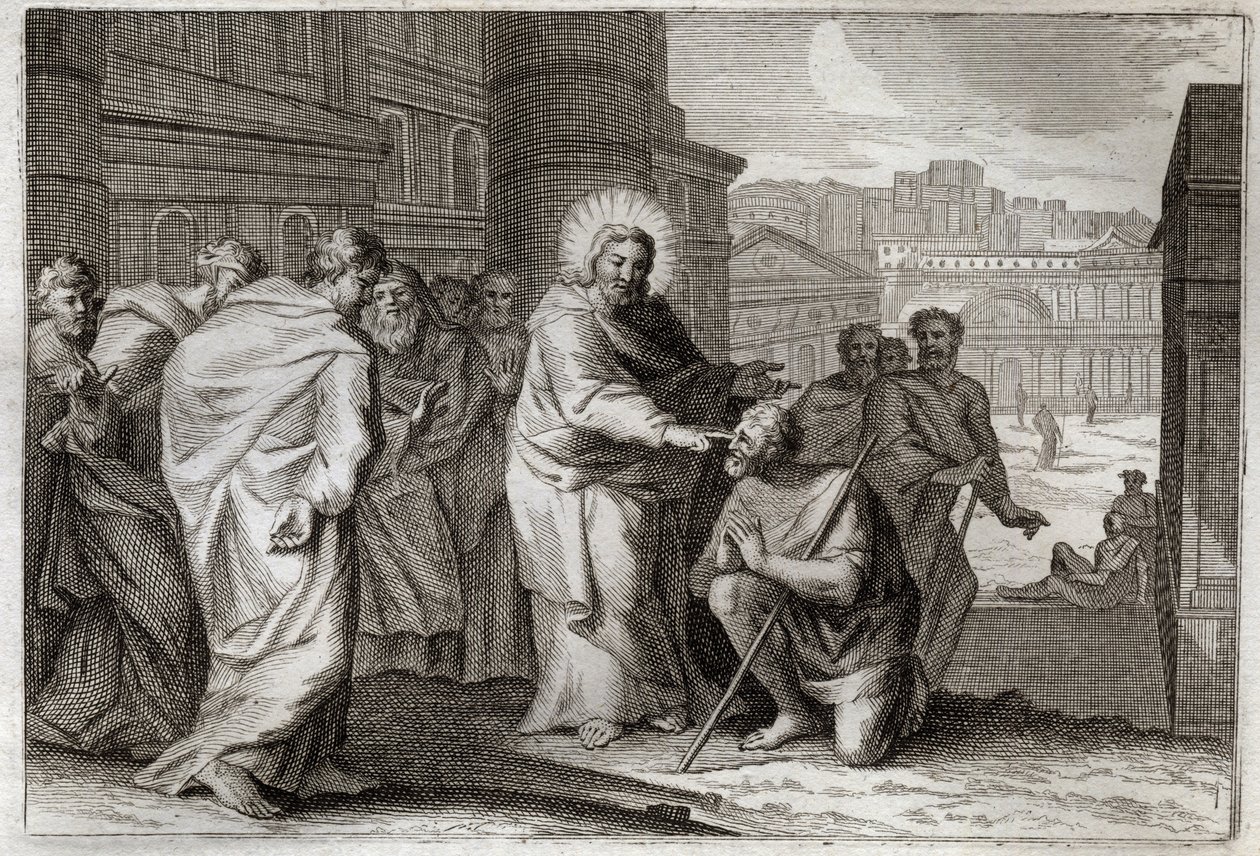 Royaumont Biblia, Újszövetség: A vakok igen. Jézus Krisztus csodálatos módon harcol a Vakok. Illusztráció 1811-ből. alkotó: Unknown artist