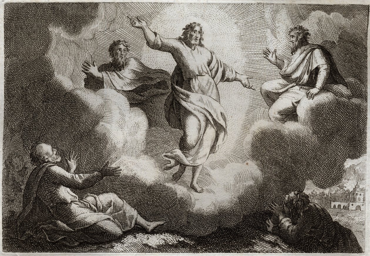 Royaumont Biblia, Újszövetség: Jézus Krisztus színeváltozása. Krisztus körülveszi Mózest és Illést Szent János apostollal, Péterrel és Jakabbal. Illusztráció 1811-ből. alkotó: Unknown artist