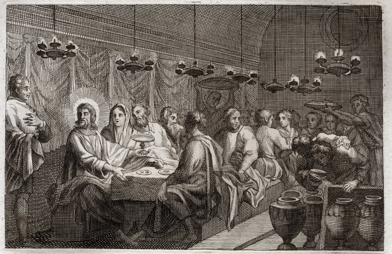Royaumont Biblia, Újszövetség: Kána esküvője. Jézus Krisztus első csodája, amely a vizet borrá változtatta. Illusztráció 1811-ből. alkotó: Unknown artist