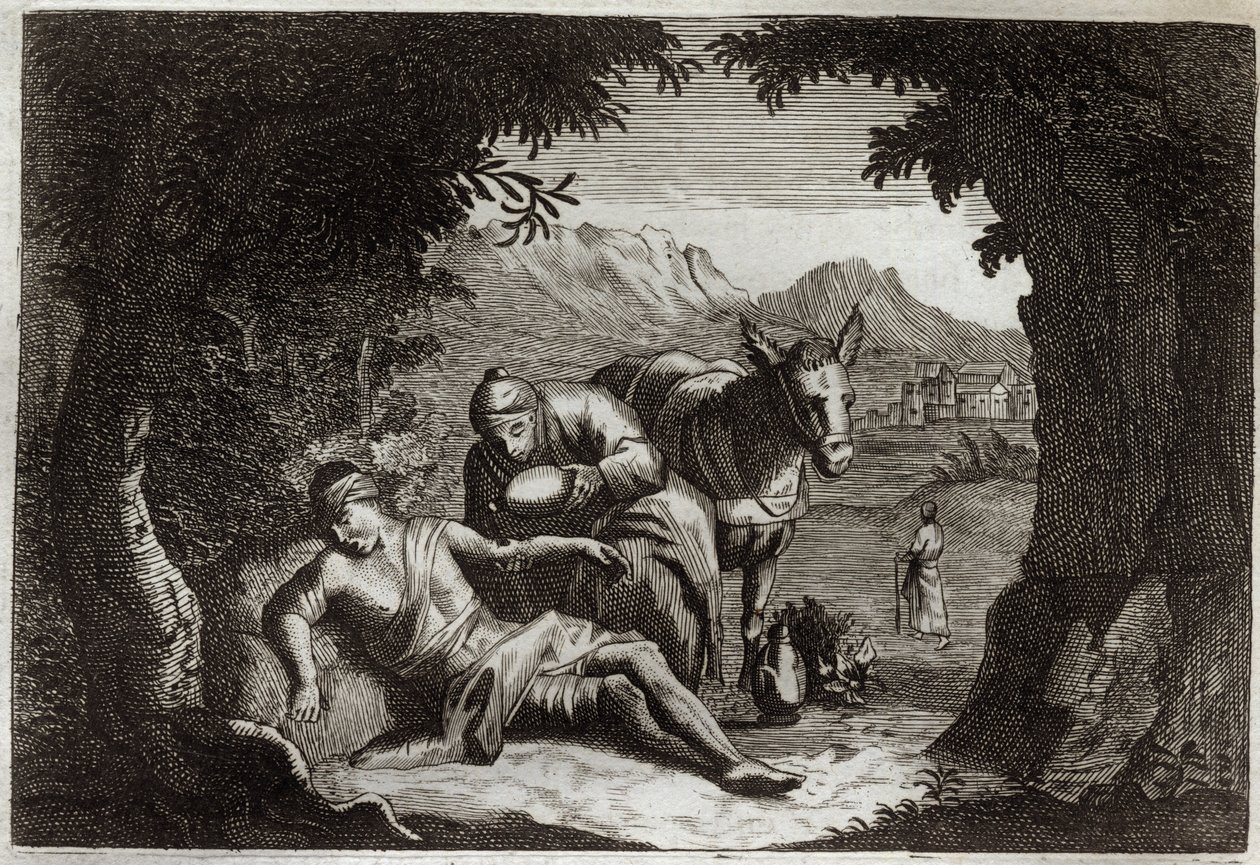 Royaumont Biblia, Újszövetség: Az irgalmas szamaritánus példázata. A szamaritánus megállt útközben, hogy megmentse a bajba jutott férfit. Illusztráció 1811-ből. alkotó: Unknown artist