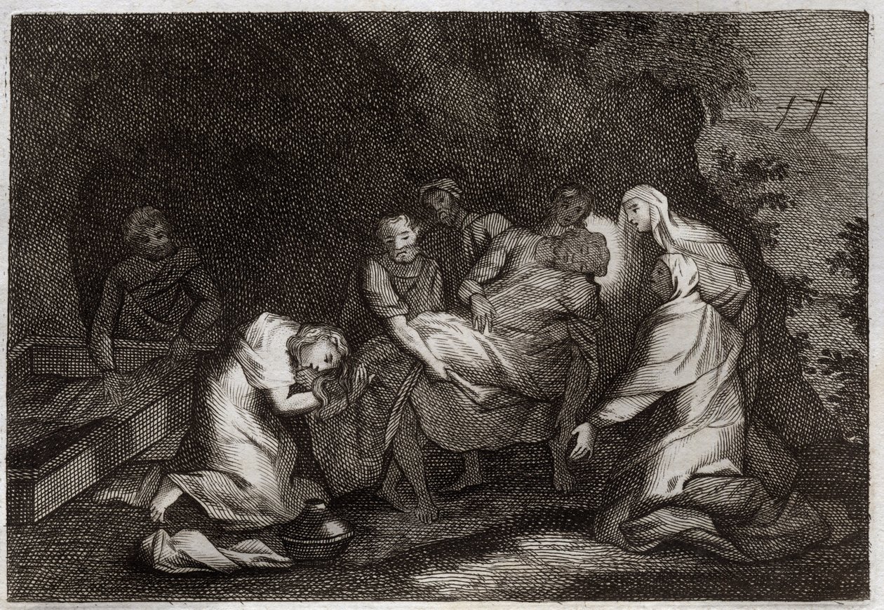 Royaumont Biblia, Újszövetség: Sír. Jézus Krisztus sírja. A Jézus Krisztus testét körülvevő szereplők közül: Szűz Mária, Szent Nikodéma, Arimátiai Szent József, Szent János evangélista és Szent Mária Magdolna. 18-as illusztráció alkotó: Unknown artist