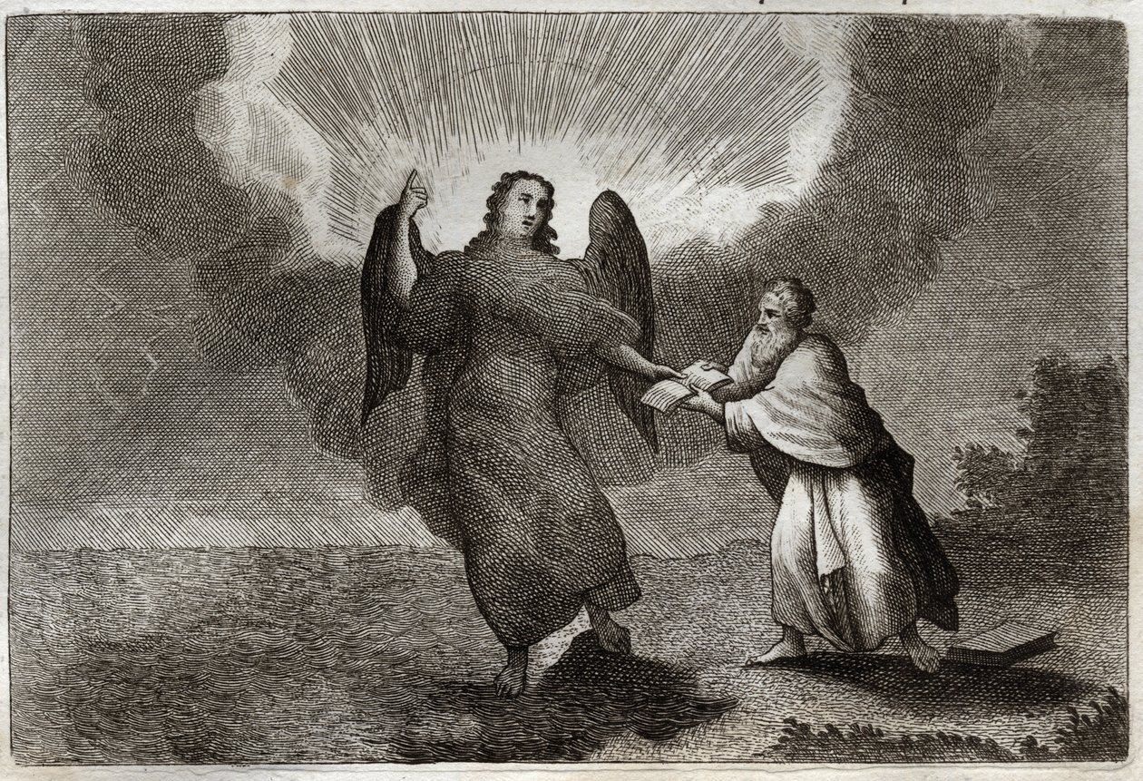 Royaumont Biblia, Újszövetség: Szent János látomása. Az angyal látomása nyitott könyvvel Szent Jánost adja, hogy felfalja őt. Illusztráció 1811-ből. alkotó: Unknown artist