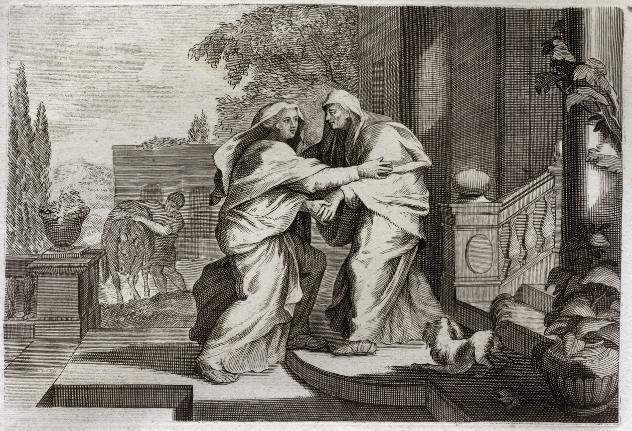 Royaumont Biblia, Újszövetség: Látogatás. A Boldogságos Szűz Mária meglátogatja unokatestvérét, Erzsébetet. Illusztráció 1811-ből. alkotó: Unknown artist
