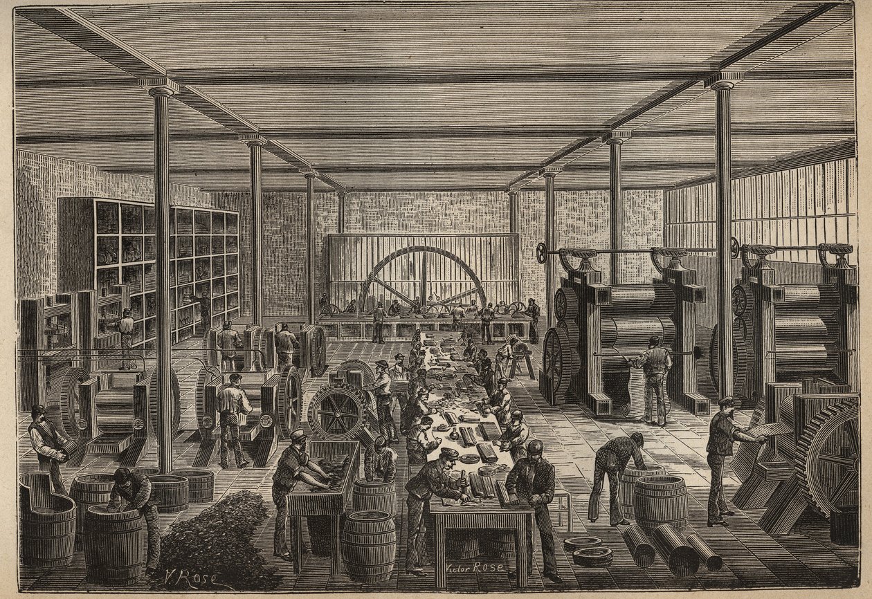 Gumi: gumigyári. Metszet 1885-ből Adolphe BITARD „Les arts et metiers illustres” című könyvében. alkotó: Unknown artist