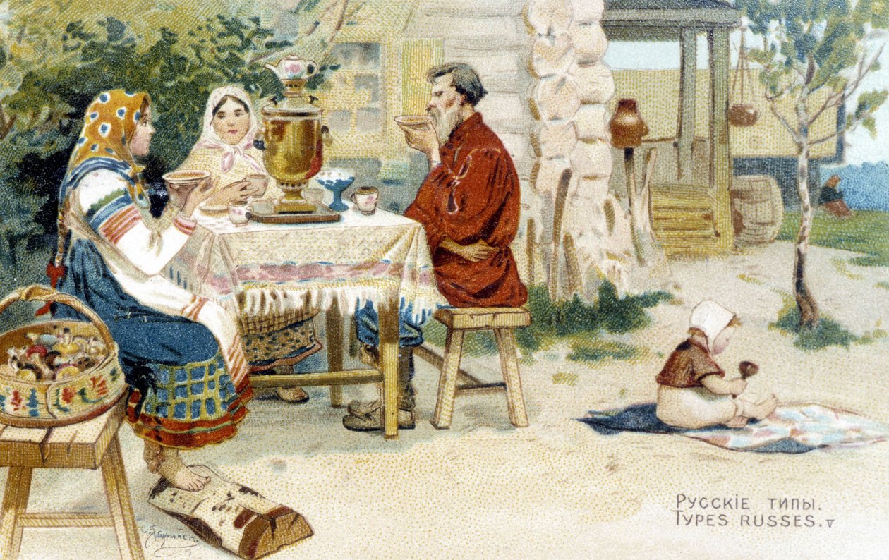 Orosz család teát iszik egy szamovár - chromo körül. alkotó: Unknown artist