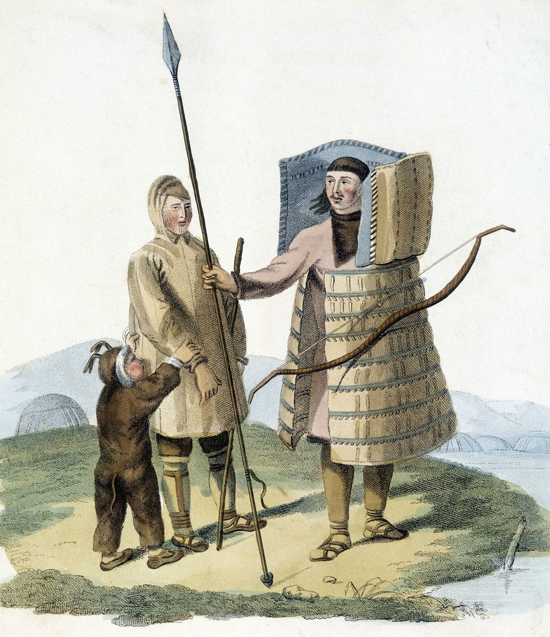 Orosz férfi vadászruhában feleségével és gyermekével. alkotó: Unknown artist